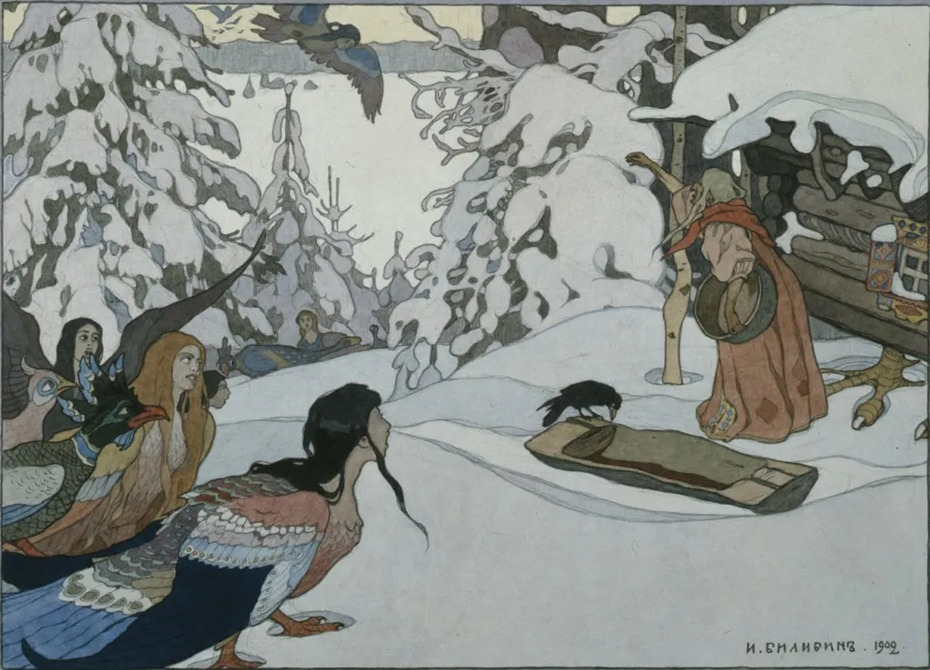 Illustration d'une forêt enneigée : une vieille femme devant sa cabane, face à des femmes-oiseaux