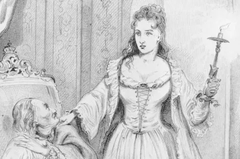 Lithographie d'une femme en blanc, un chandelier à la main, devant un vieux roi assis