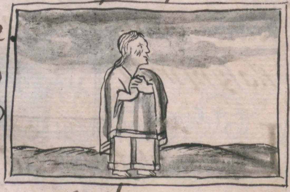 Dessin à l'encre d'une femme debout, les mains jointes sur la poitrine, sous un ciel gris