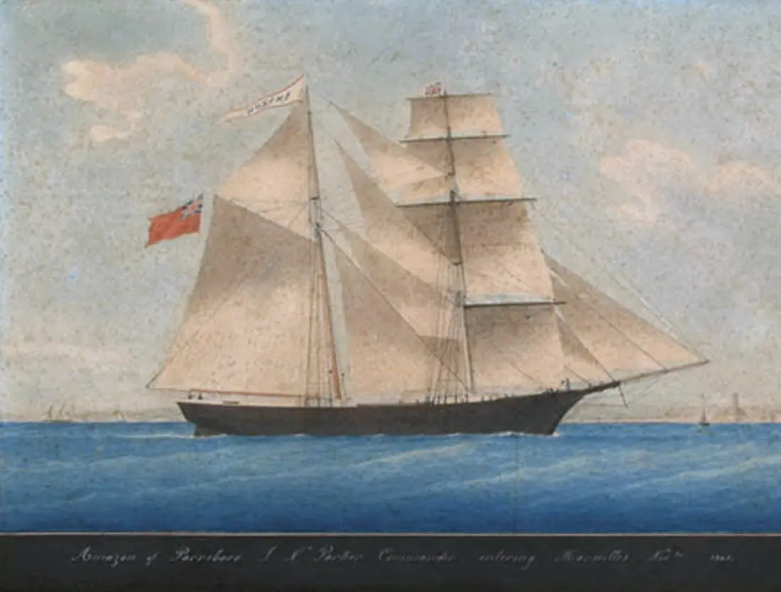 Peinture d'un brigantin toutes voiles dehors, sous pavillon britannique