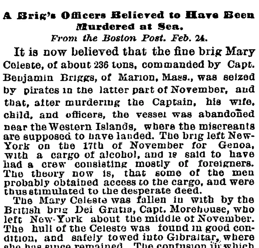 Article de journal de 1873 titré « A Brig's Officers Believed to Have Been Murdered at Sea »